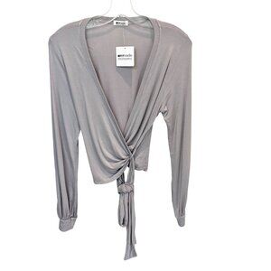 NEW LA Made Gray Jersey Knit Wrap Top Long Sleeve V-Neck Minimalist - Size Small